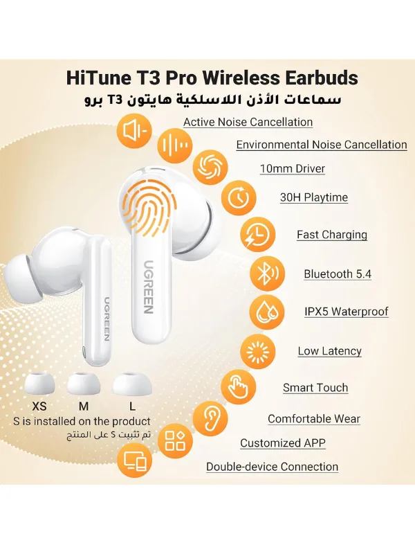 UGREEN HiTune T3 Pro Active Noise-Cancelling Wireless Earbuds – 38dB ANC, Bluetooth 5.4, 30H Playtime - alternate view